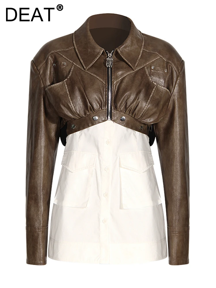 

DEAT Fashion Women Jackets Lapel Single Breasetd Removable Face 2 Pcs Contrasting Colors PU Leather Coat Autumn 2023 New 7AB771