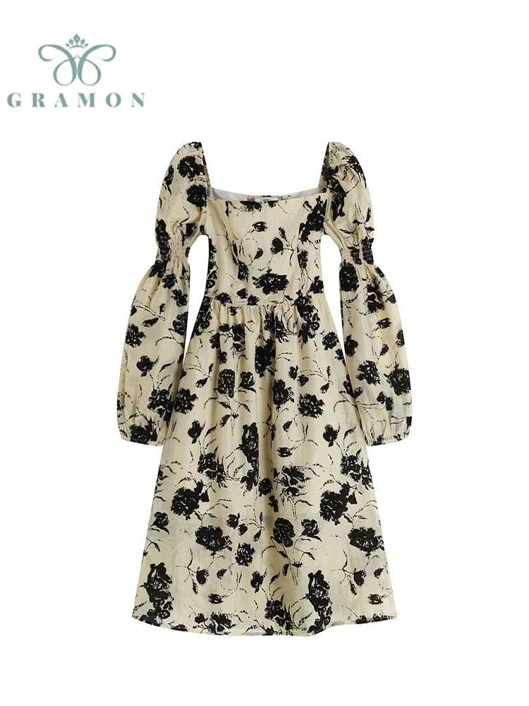 

2022 Autumn Women Vintage Dress Long Sleeve Off Shoulder Y2K Midi Dresses Female French Fashion Chic Floral Long Dress Retro