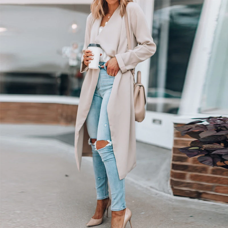 

Fashion Long Sleeve Lapel Draped Long Cardigan Tops Female Elegant Outerwear Fashion Jackets Women Fall Solid Midi Blazer Coats