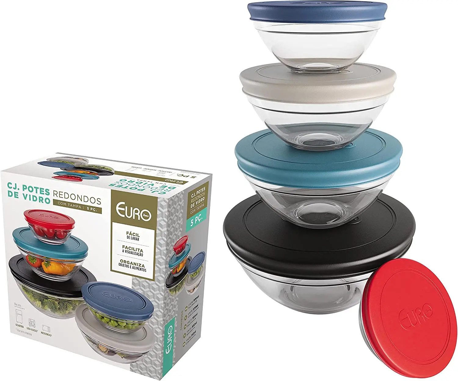 

Set of 5 Round Glass Pots with Black Lid, VDR7090-PT, Home