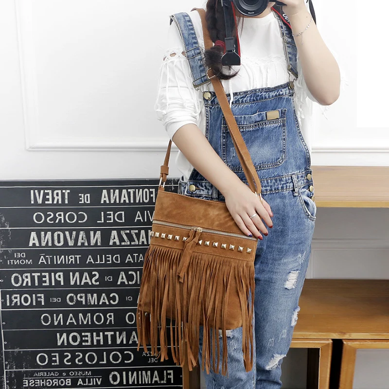 

Women Rivet Tassel Crossbody Shoulder Bag Suede Fabric Bag Outdoor Travel Purse Tassel Bag All-In-One Shoulder Bag
