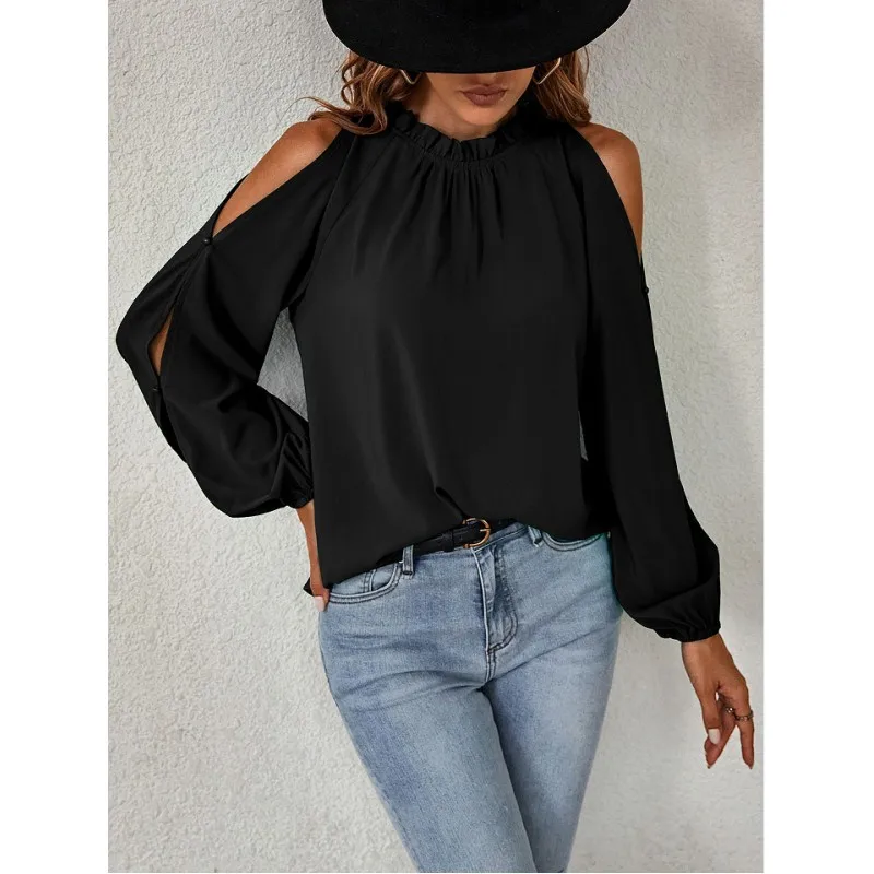

Elegant Women Blouse Shirt 2023 Autumn Fashion Sexy Hollow Out Round Neck Long Sleeve Pleated Top Office Lady Shirt S-XXXL
