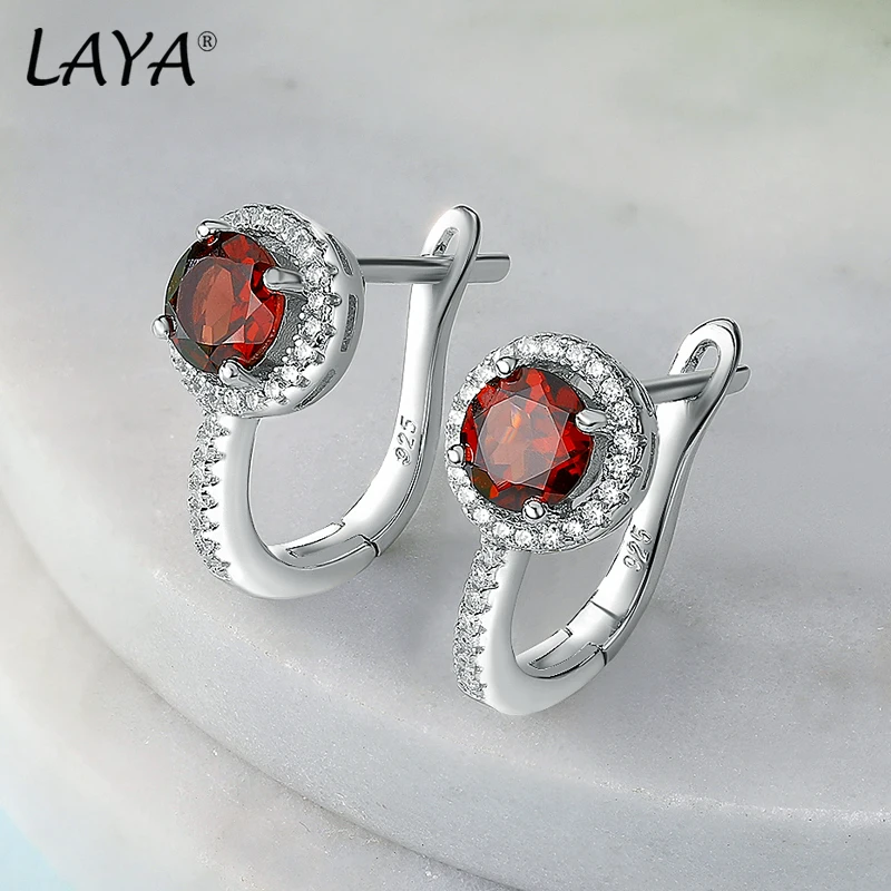 

LAYA 925 Sterling Silver Round Brilliant Cut Gemstone Natural Garnet Clip Earrings For Women Wedding Engagement Fine Jewelry