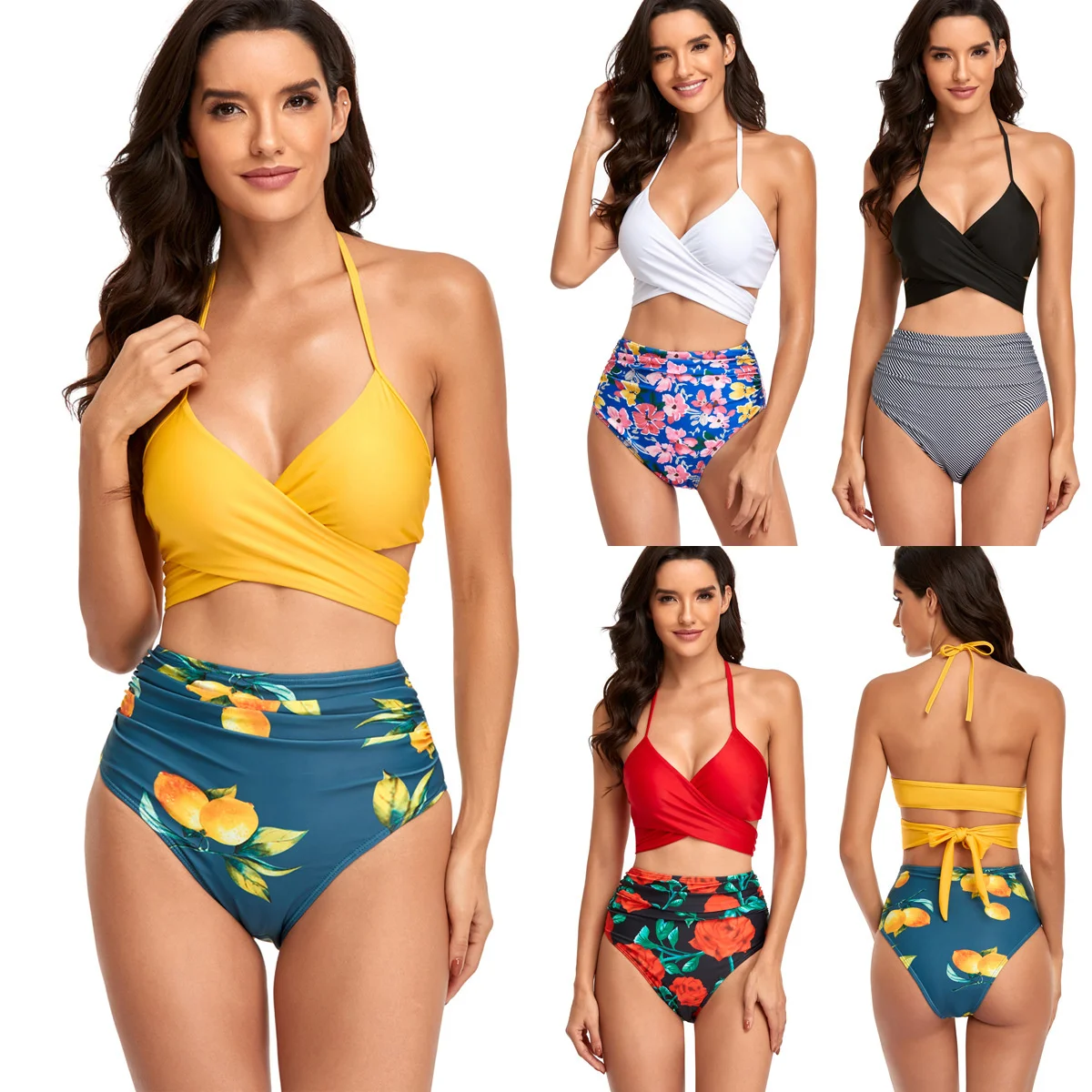 

Женский купальник с треугольным разрезом и высокой талией, однотонное бикини в полоску с принтом и перекрестными завязками, 2022