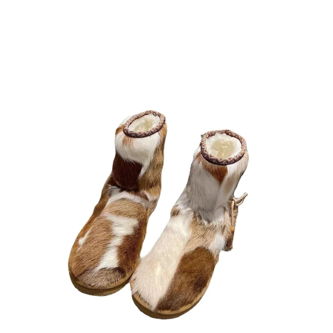 Sheepskin and Wool Integrated Snow Boots Women's Medium Tube Ethnic Boots Wool Warm Shoes Thick Soled Antifreeze Cotton Shoes