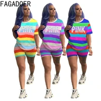 fagadoer casual neon color stripe print tracksuits women round neck pink letter print top jogger shorts two piece sets outfits