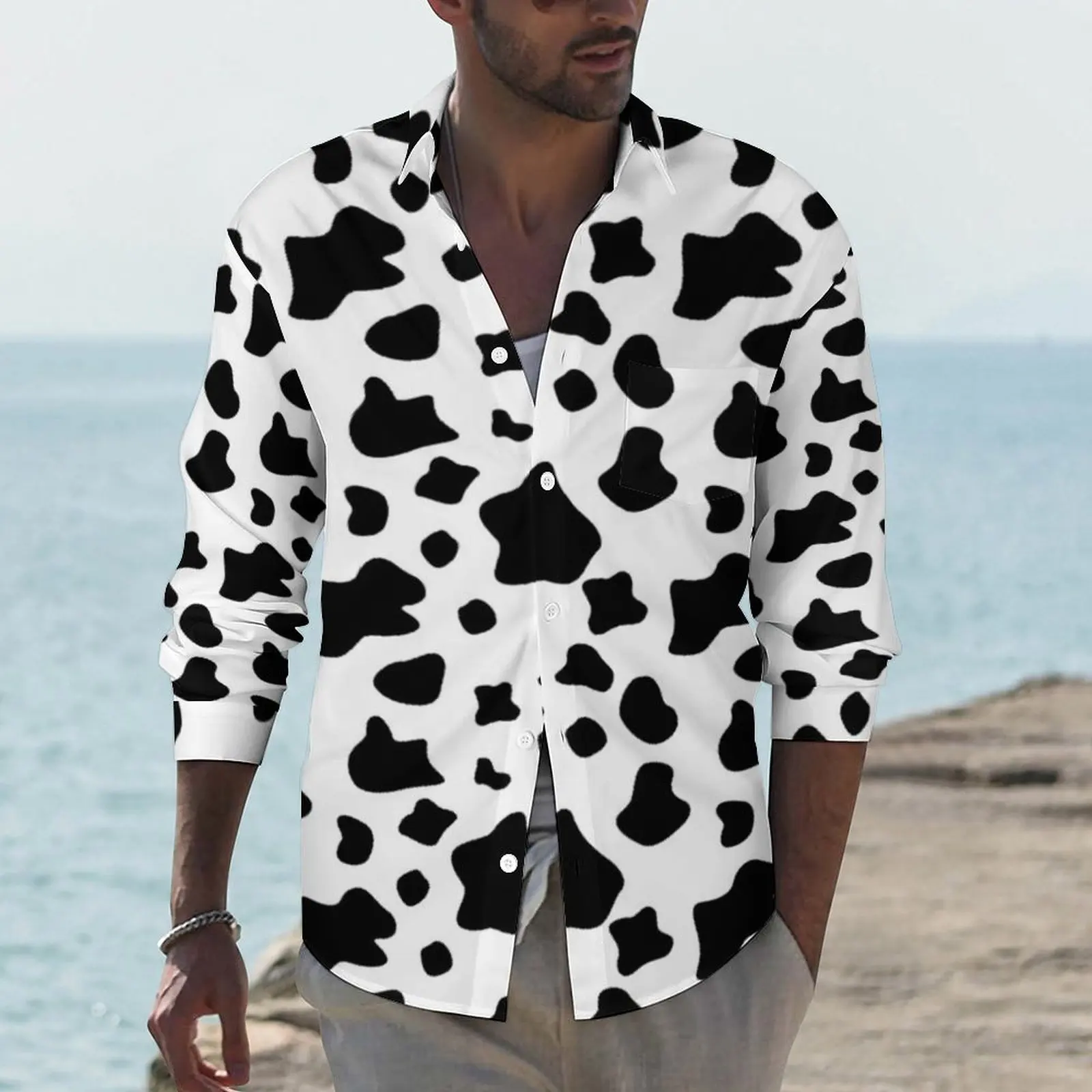 

Повседневная мужская рубашка в стиле Харадзюку, свободная блузка с забавным принтом животных и фермы, с коровьими пятнами, с длинным рукаво...