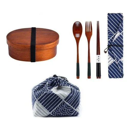 

Wooden Lunch Box Picnic Japanese Bento Box for School Kids Dinnerware Set with Bag&Spoon Fork Chopsticks Round Square Lunch Box