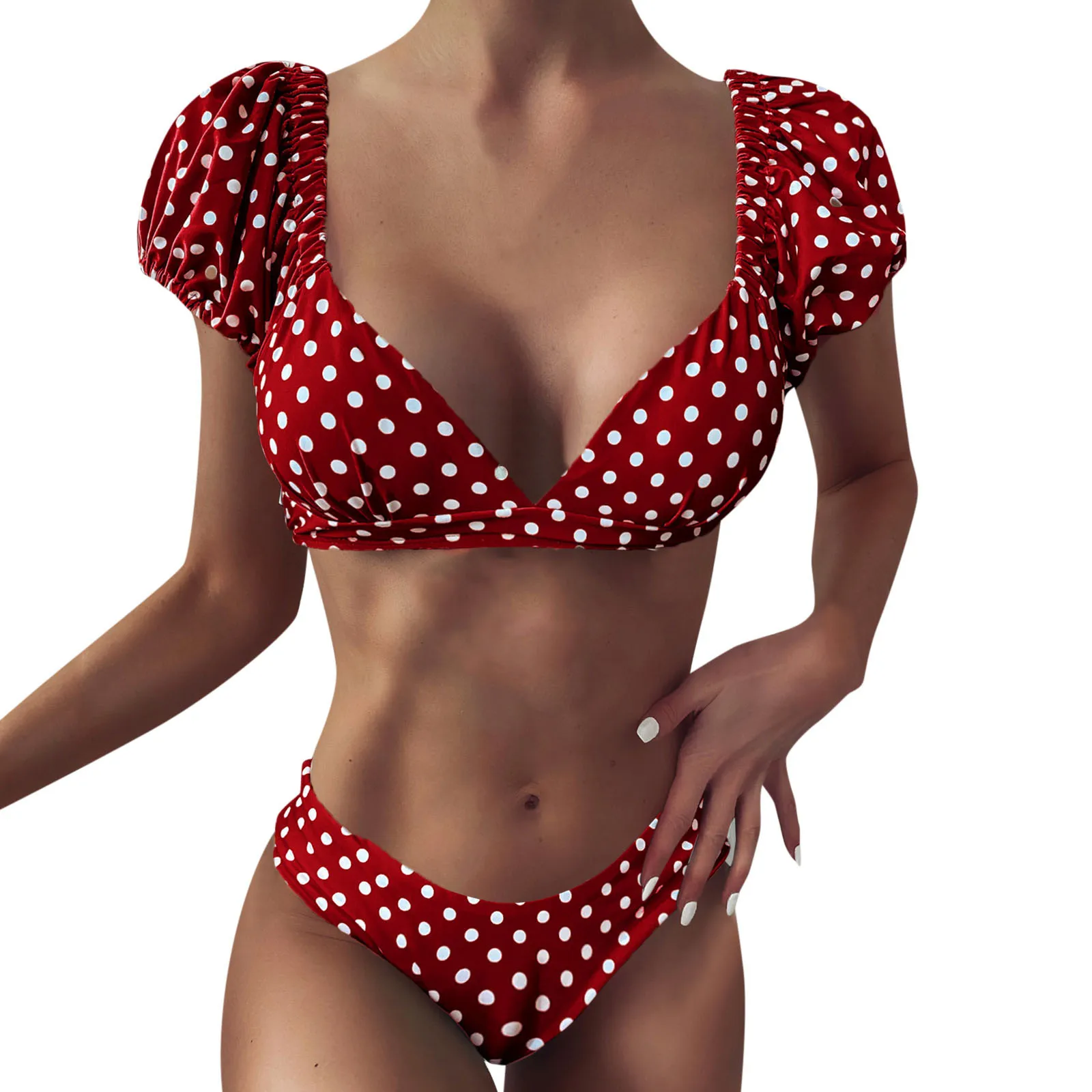 

Купальник-бикини с V-образным вырезом, женские сексуальные купальники в горошек с разрезом и буффами, комплект танкини, купальники для девоч...