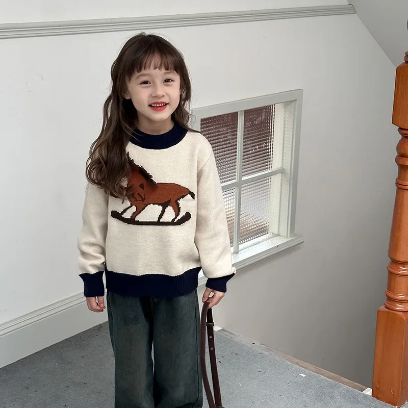 

Korean style Girls cartoon pony sweater Winter Kids contrast color thicekn warm knit pullover