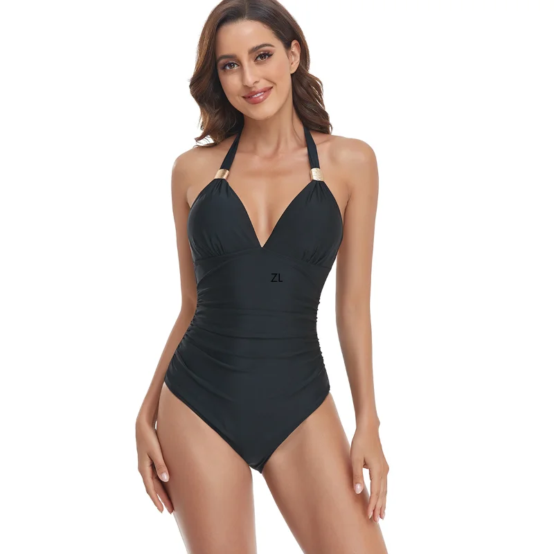 

2023 New One Piece Swimsuit Women Solid V Neck Swimwear Female Halter Monokini Bodysuit Backless Swim Beachwear Bathing Suit