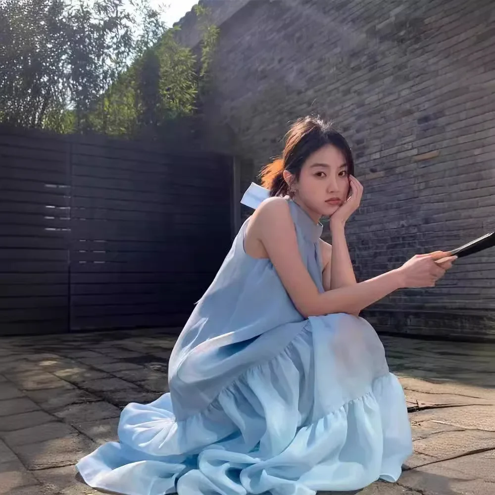 Cosmo New Paris модное стильное сказочное небесно-голубое длинное платье без рукавов