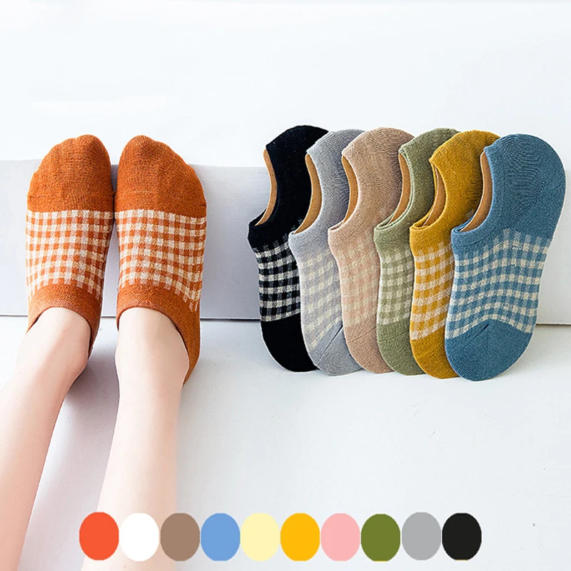 

1 Pair Plaid Cotton No Show Socks Woman Girl Non-Slip Houndstooth Striped Ankle Socks Invisible Cute Soft Elastic Comfortable