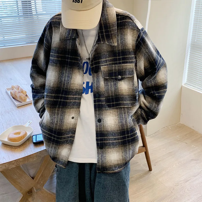 Winter Cotton Thick Jacket Men Warm Fashion Retro Plaid Jacket Men Japanese Streetwear Loose Short Coat Men Clothes M-2XL