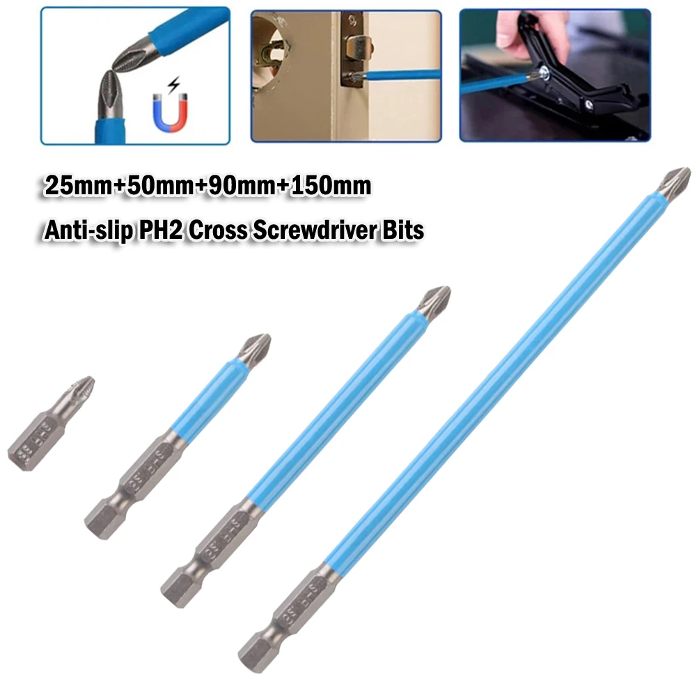 

4pcs Set 25-150mm Magnetic Hex Shank Anti-slip PH2 Cross Screwdriver Drill Bits For 1/4 Electric Manual Screwdriver Power Tools