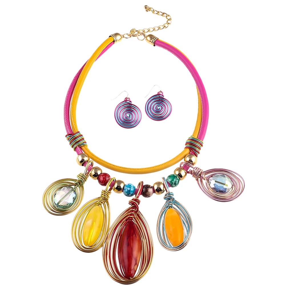 

Fringe Earrings Necklace Set Girl Trendy Manual Pendant Glass Womens Jewelry Gift