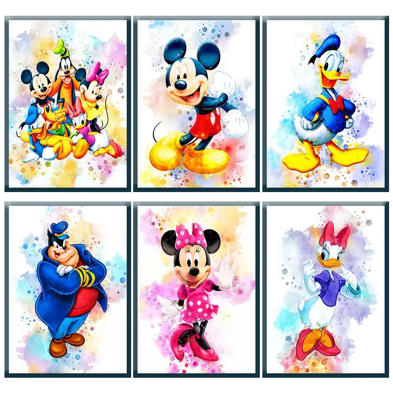 

Disney Cartoon Poster Watercolor Canvas Painting Mickey Mouse Donald Duck Art Picture Wall Prints Mural Kids Room Decor Gifts