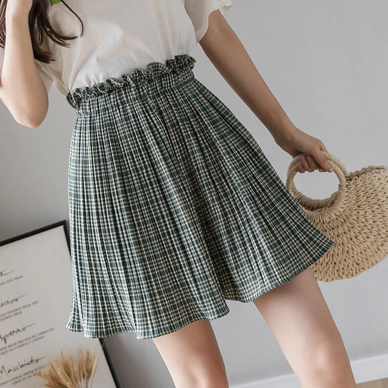 

GGRIGHT Vintage Red Checked Mini Skirts Spodnica Damska Jupe Femme Frill Trim High Waist Casual Pleated Skirt Women Clothing