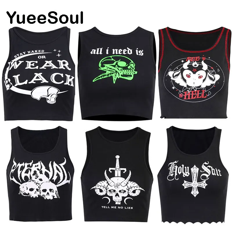 

Gothic Women Crop Top Skeleton Printed Sleeveless Black Corset Tops Sexy Aesthetic Grunge Fairy Core 90s Camisole Y2K Clothes