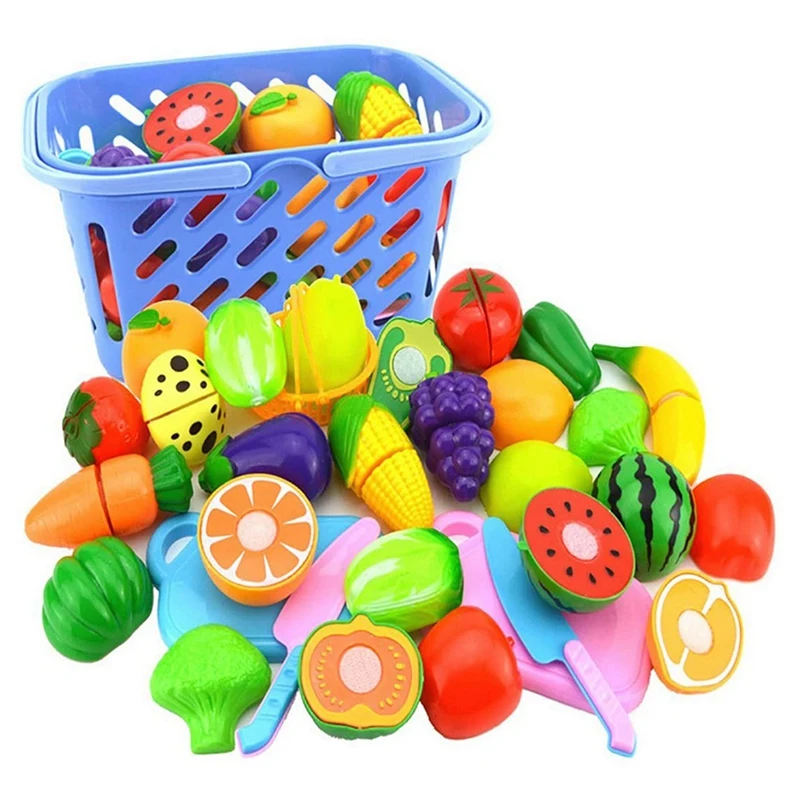 

-23 Pcs Simulation Kitchen Cut Fruit Toy Set, Play House Set With Storage Basket For Children's Role-Playing Games