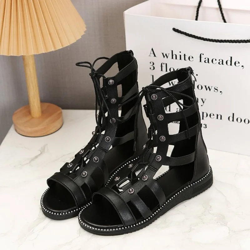 Fashionable Gladiator Sandals For Women Studded Decor Lace-up Front Zipper Back Flats Sandals Retro Casual Summer High top Shoes