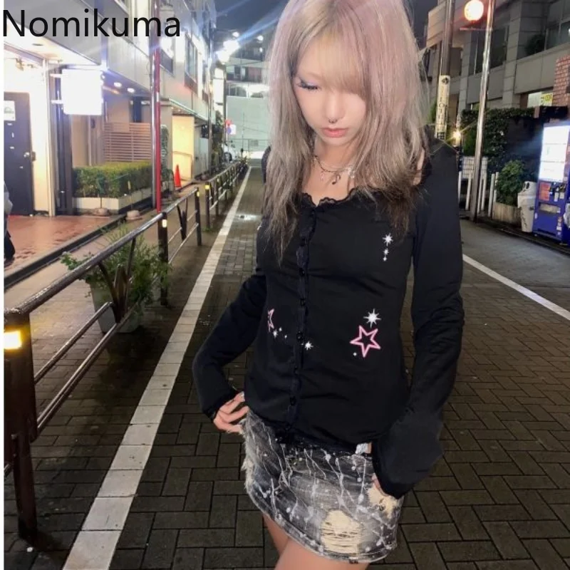 

Кроп-топ Nomikuma, весна-осень, Звездный принт, кружевные лоскутные облегающие рубашки в стиле Харадзюку, винтажная стильная модная одежда в стиле 1920-х Y2k