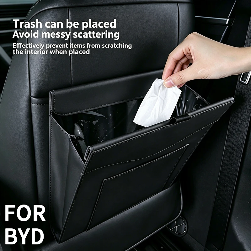 Фото Подходит для BYD Qin Tang U8 F3 E6 Atto3 Yuan Plus, для влажной и сухой уборки, легко чистится, автомобильный мусорный пакет с зажимом, водонепроницаемый органайзер для мусора. №1