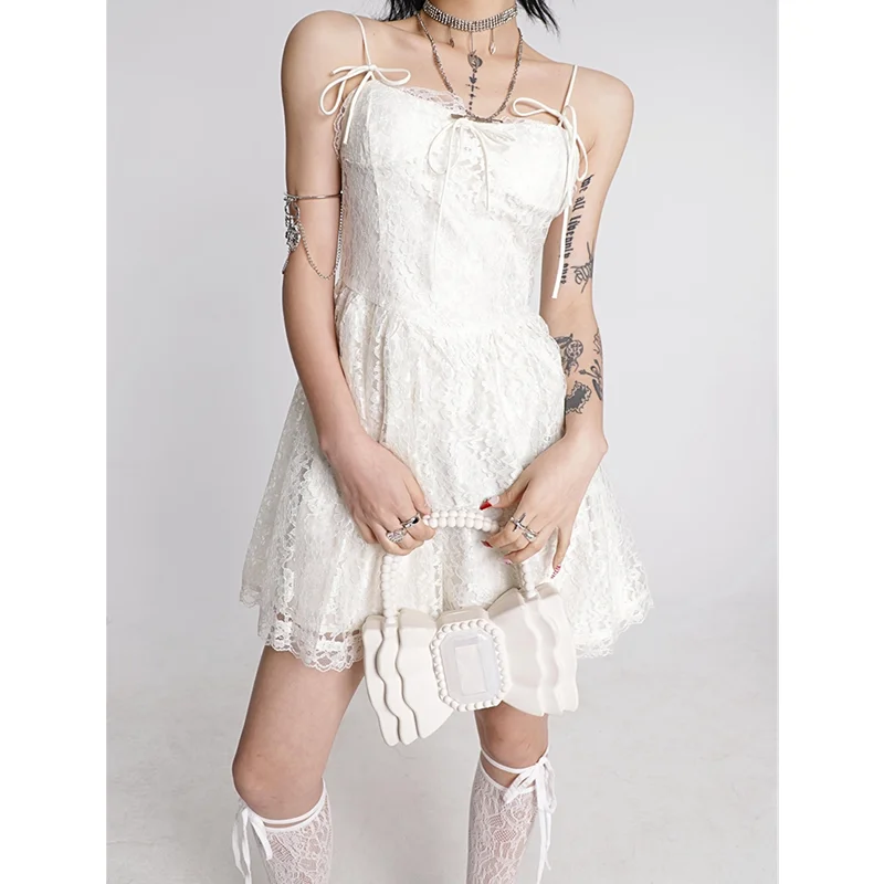 

Women's White Straps Dress Lacing Sexy Backless Sleeveless Casual Fashion French High Waist Baggy Short Skirt Ladies Summer