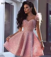 pink luxury cocktail dresses 2022 short prom dress crystal sequined feathers homecoming gowns women new elegant graduation dress
