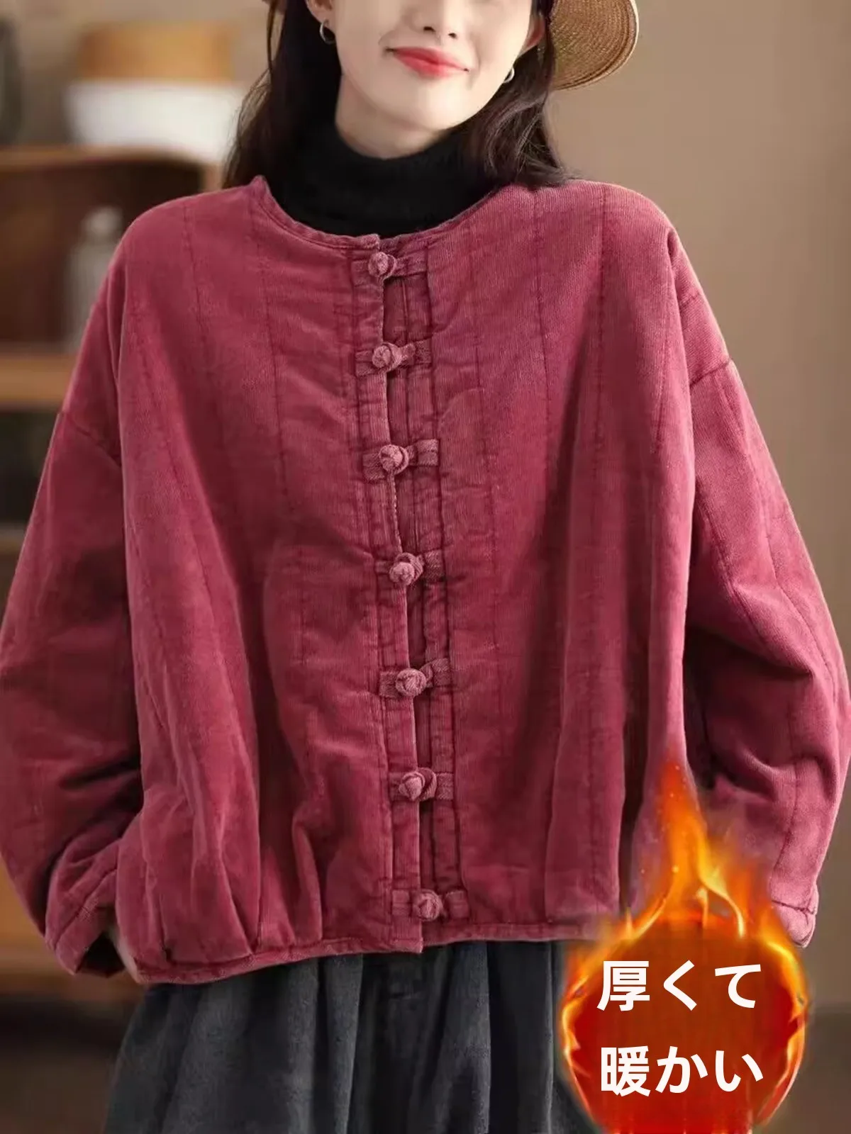 Retro Ethnic Sle Needlecord down Jacket Women Autumn and Winter 2024 New Thickened Cotton-Padded Coat Buckle Cotton-padded ...