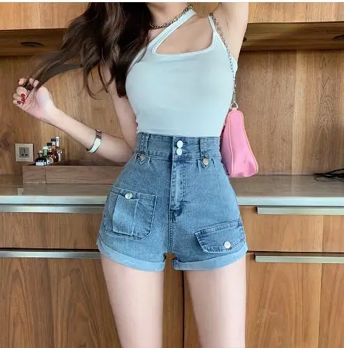 

Newest Women Straight Denim High Waist Shorts Spring Summer Pockets Female Curling Sexy Jeans Shorts Skinny Шорты Женские Jb78