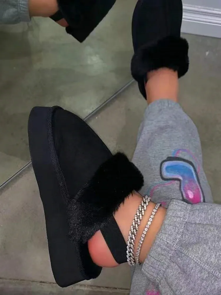 Women Slippers Platform Slides Faux Fur Fluffy Winter Short Plush Pink Color Open Toe Fuzzy Cozy Bedroom Home Furry Slippers