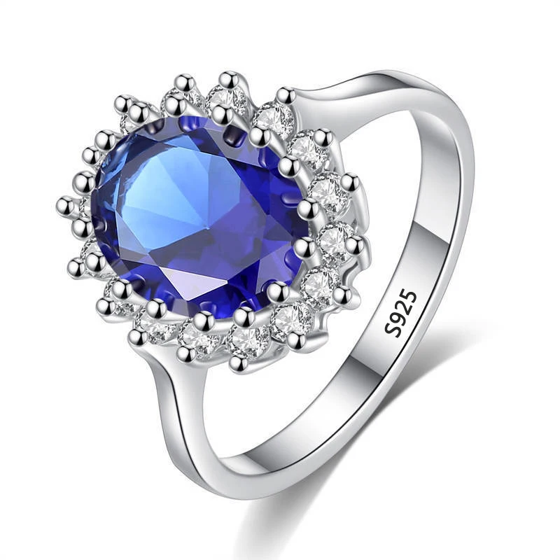 

With Certificate Princess Cut 3.2ct Created Blue Sapphire Ring Original Silver Color Charms Engagement Jewelry Rings For Women