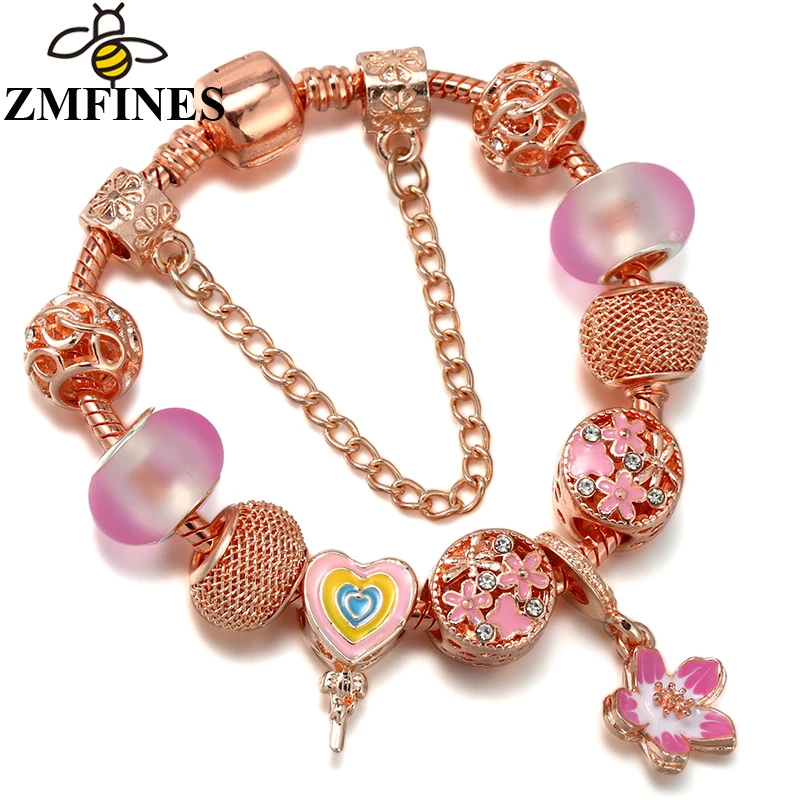 

Rose Gold Charms Bracelets For Women With Snake Chain Pink Flower DIY Charms Beads Pendants High-Quality Jewelry Dropshipping
