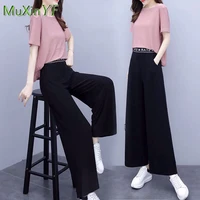 womens summer ice silk wide leg pants suit 2022 new casual t shirt top trousers two piece korean elegant loose female tracksuit