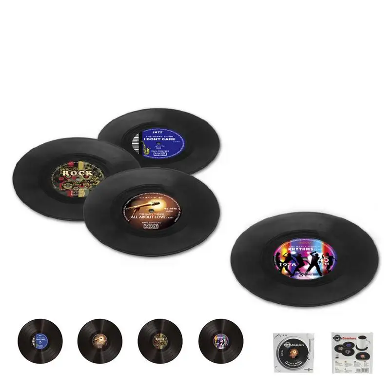 Record Table Coasters 4PCS Record Cup Coasters Bar Vintage Coasters Beer Coffee Tea Drinking Coaster Suit For Home Bar