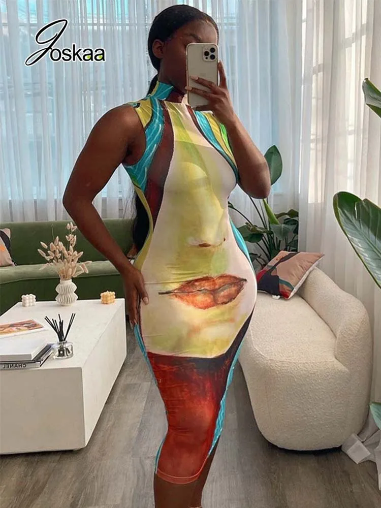 

Joskaa Printed Sleeveless Bodycon Maix Long Dress Elegant Party Dresses for Women 2022 Summer Sexy Night Club Holiday Clothes