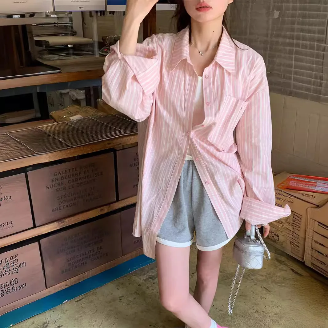 Рубашка женская средней длины в полоску милая блузка Корейском стиле свободная