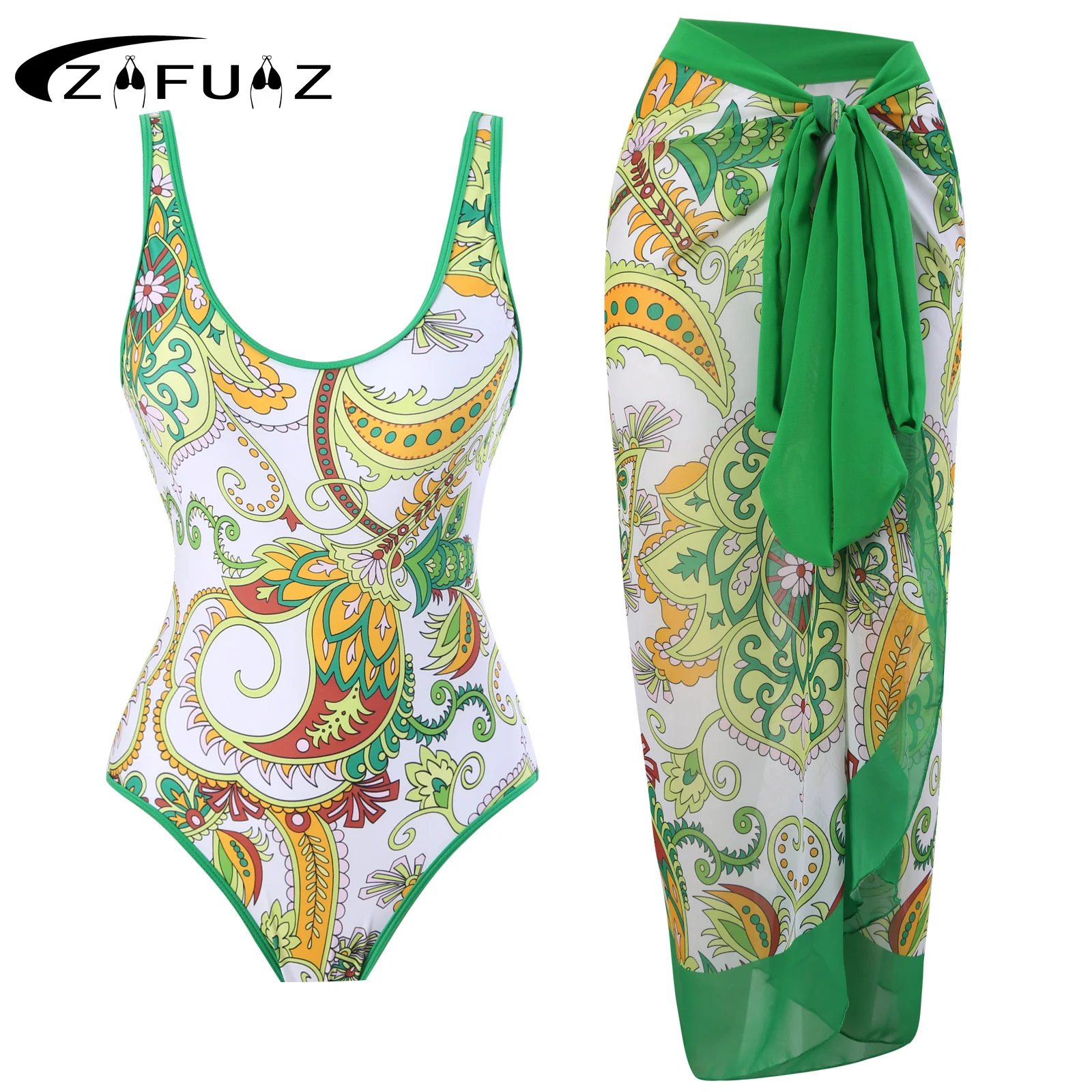 

ZAFUAZ New 2023 Vintage Green Print Women Sexy Backless One Piece Swimsuit Swimwear Monokini Beach Dress BathSuit Cover Up Skirt