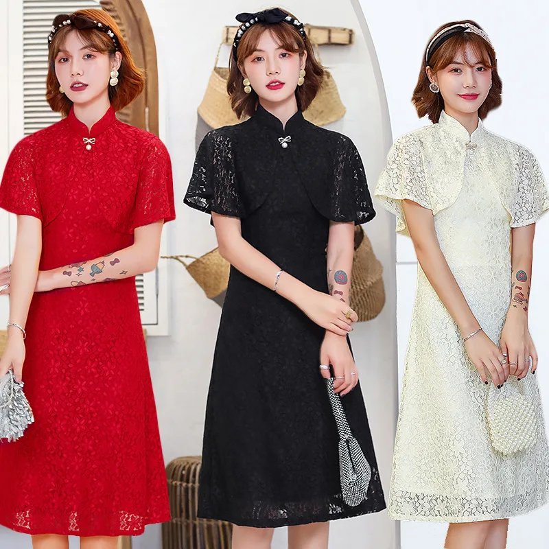

New Summe Chinese Traditional Female Embroidery Qipao Sexy Slim Qipao Lace Lady Chinese Style Retro Cheongsam Vintage Dress