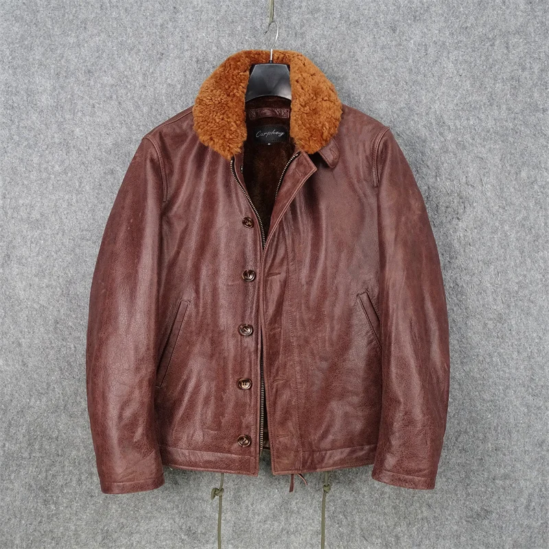 

Free shipping.Winter quality brand new Genuine leather jacket.men classic N1 style Italy cowhide coat.Fleece leather clothes.