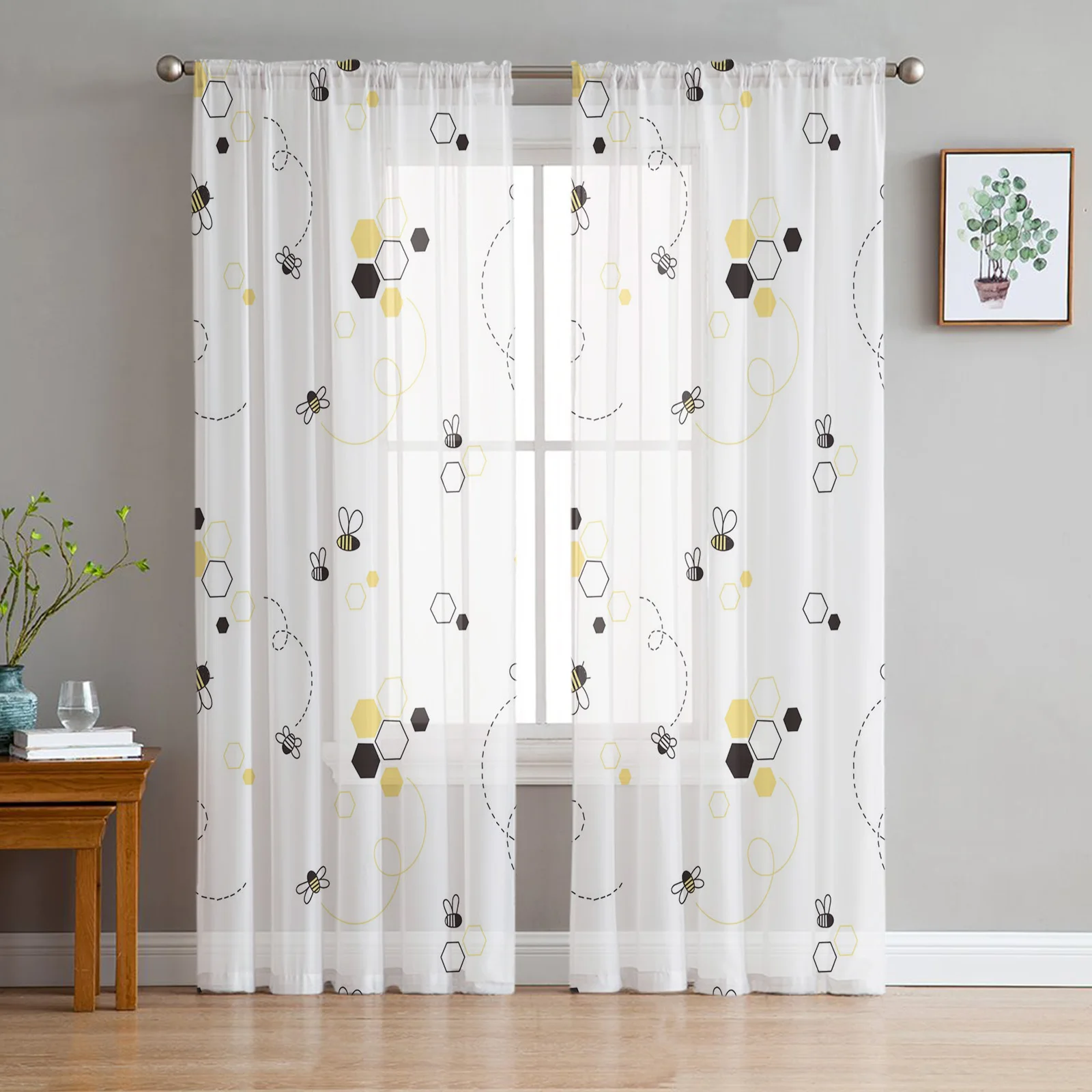 

Cartoon Bee Cute Square Pattern Chiffon Sheer Curtains for Living Room Bedroom Decoration Window Voiles Tulle Drapes Curtain