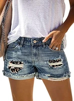 female fashion casual denim shorts summer new womens leopard camouflage ripped patch jeans office lady mid waist straight short