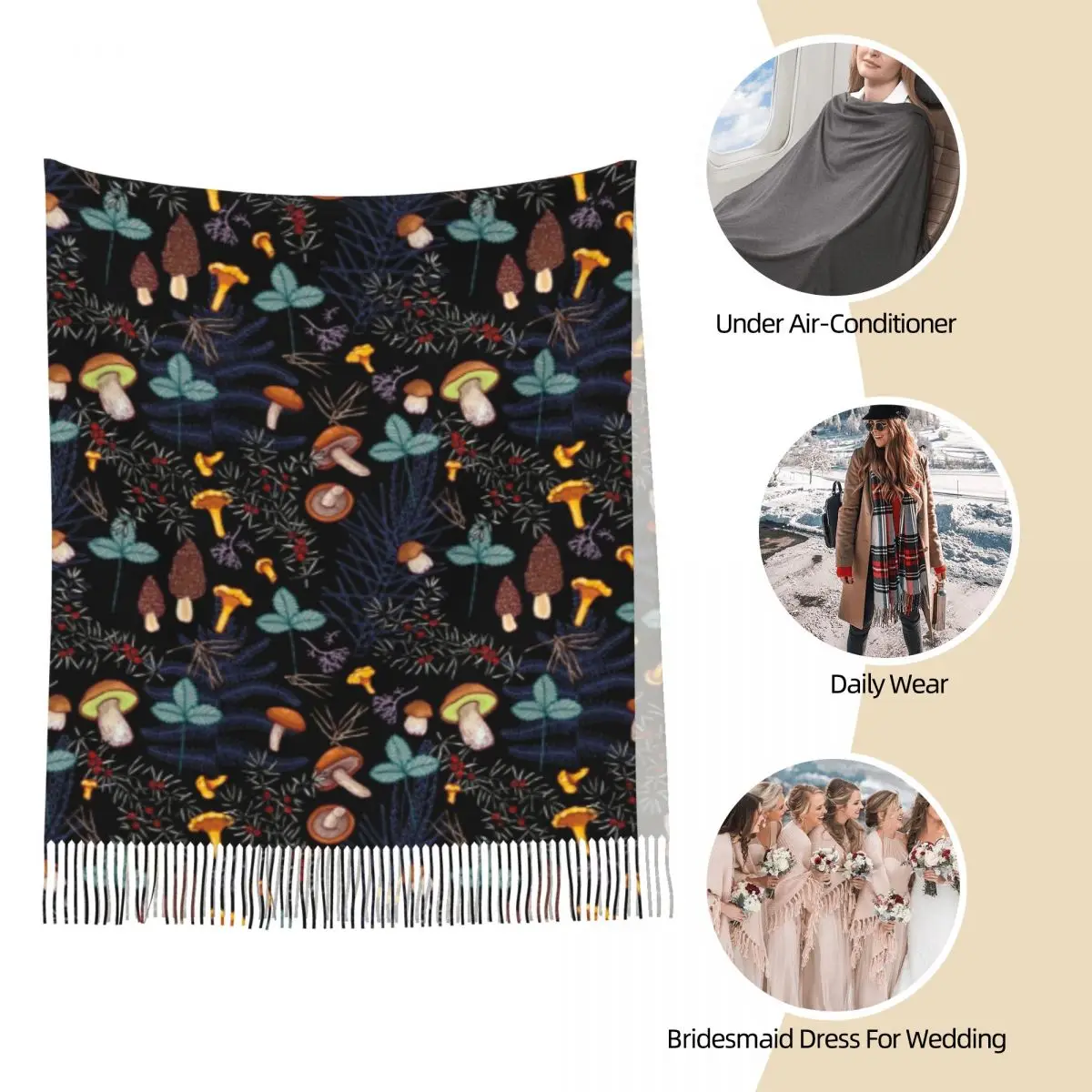 Темный лес грибы шаль обертка для женщин зимние теплые длинные мягкие шарфы