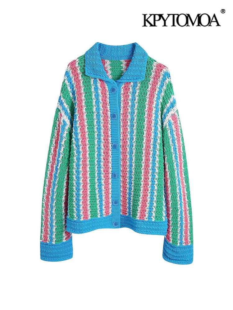

KPYTOMOA Women Fashion Loose Striped Knit Cardigan Sweater Vintage Long Sleeve Button-up Female Outerwear Chic Tops