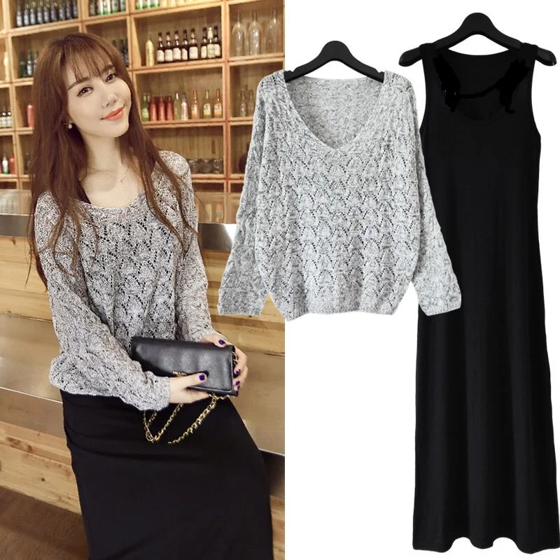

2022 Summer Dress Women's round Neck Pullover Top Loose Hollow Batwing Sleeve Sweater Bottoming Two-Piece Set Autumn
