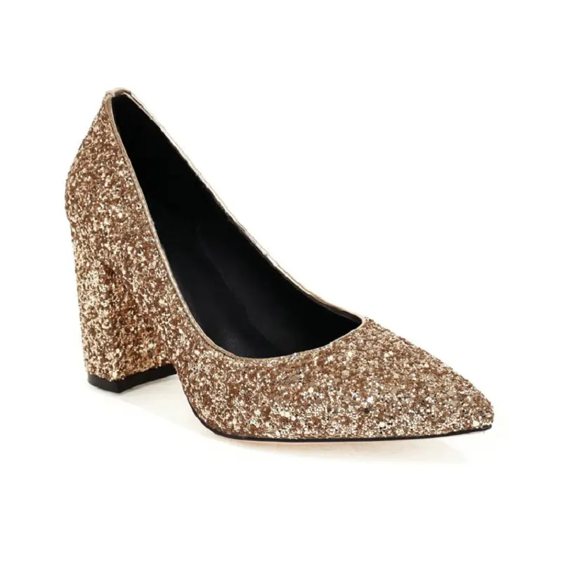 QPLYXCO блестящие женские туфли с острым носком для свадебной вечеринки на блочном