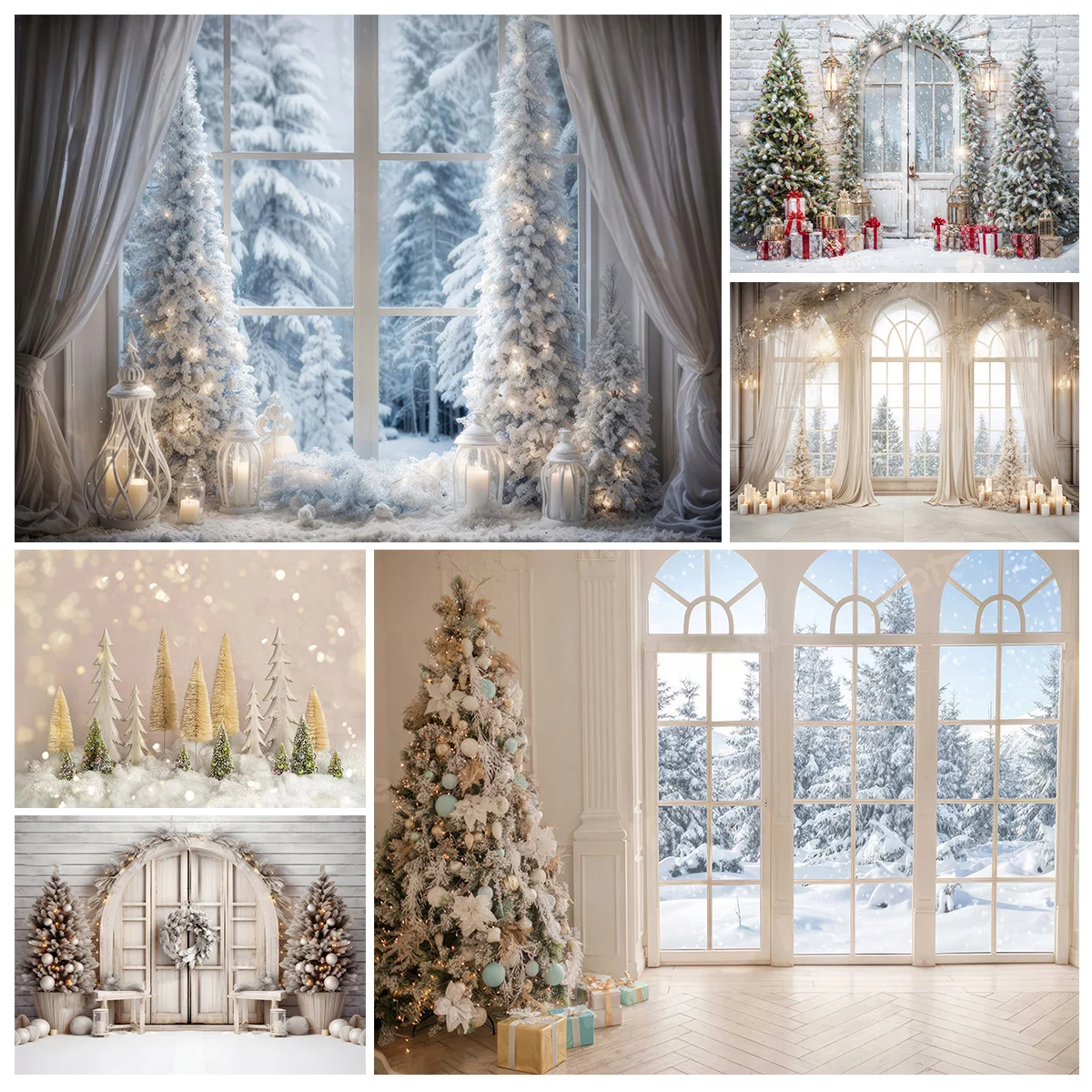 Рождественские елки с блестками белое окно фон для фотосъемки зимние снежные