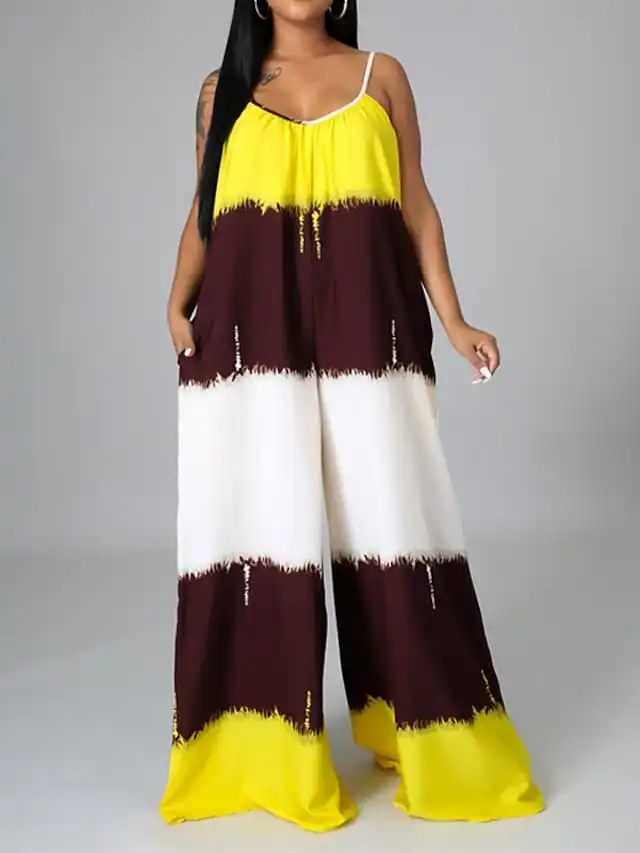 

Women's Jumpsuit Backless Print Color Block V Neck Holiday Street Casual Regular Fit Sleeveless Green Yellow S M L Fall