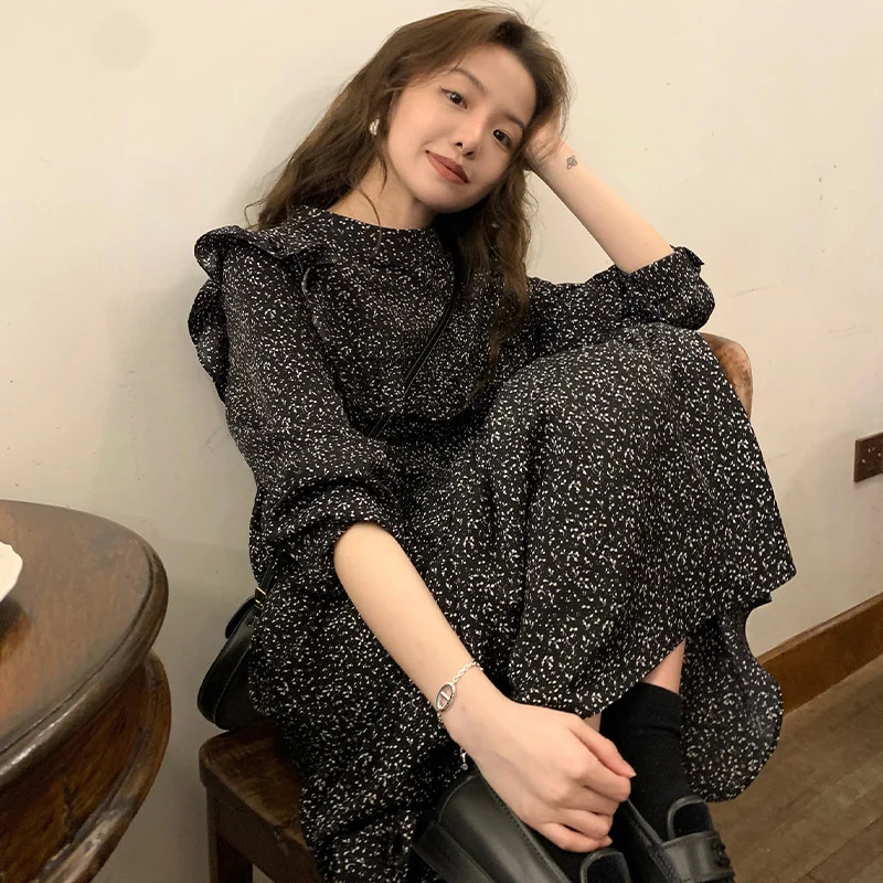 

Kio Vintage Dress Women Fashion Floral Slim Waist Elegant Vestidos De Mujer Patchwork Sweet Ruffles Robe Korean Maxi Dresses